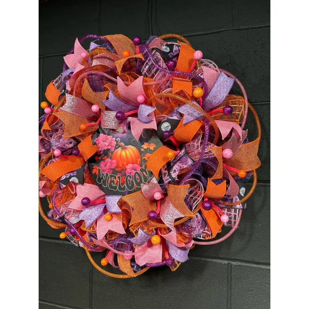 Fall Wreath For Front Door Halloween Pumpkin Orange Pink Purple Handmade 24 inch